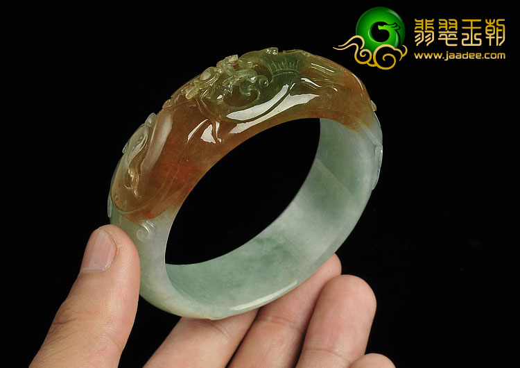 糯冰种褐红翡晴水缅甸翡翠A货龙凤呈祥手镯（59mm）