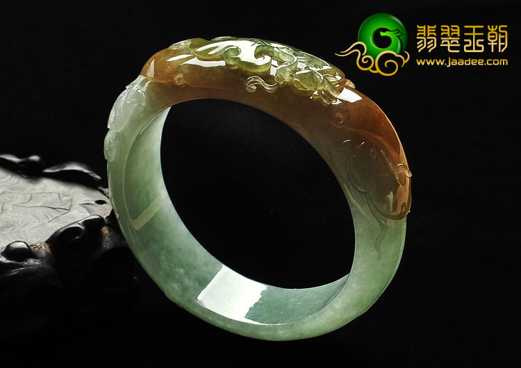 糯冰种褐红翡晴水缅甸翡翠A货龙凤呈祥手镯（59mm）