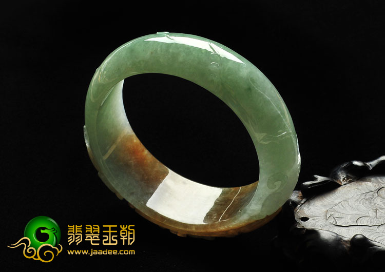 糯冰种褐红翡晴水缅甸翡翠A货龙凤呈祥手镯（59mm）