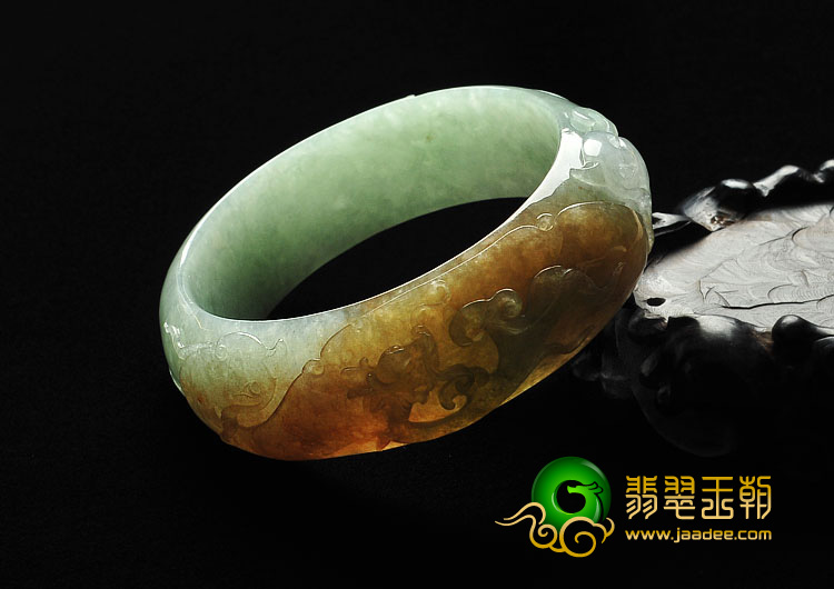 糯冰种褐红翡晴水缅甸翡翠A货龙凤呈祥手镯（59mm）