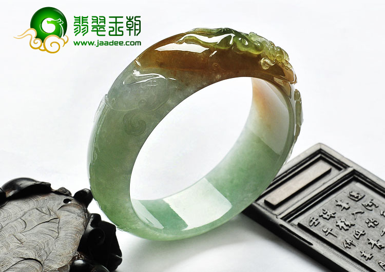 糯冰种褐红翡晴水缅甸翡翠A货龙凤呈祥手镯（59mm）