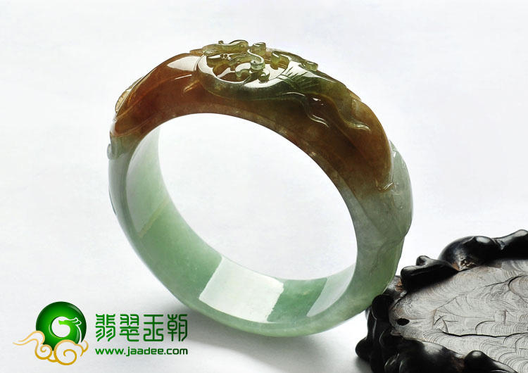 糯冰种褐红翡晴水缅甸翡翠A货龙凤呈祥手镯（59mm）