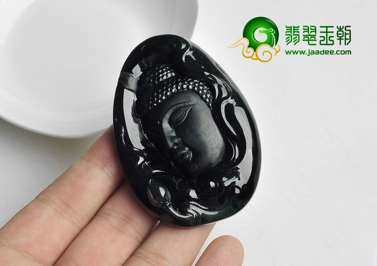糯冰种墨翠缅甸翡翠A货释迦牟尼挂件