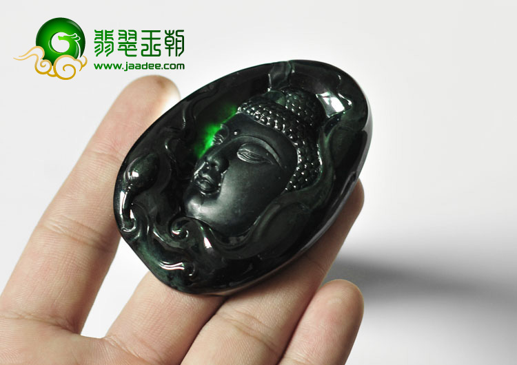 糯冰种墨翠缅甸翡翠A货释迦牟尼挂件