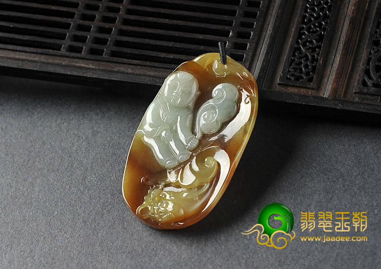冰种褐黄翡缅甸翡翠A货望子成龙挂件