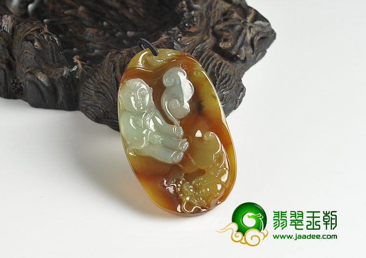 冰种褐黄翡缅甸翡翠A货望子成龙挂件