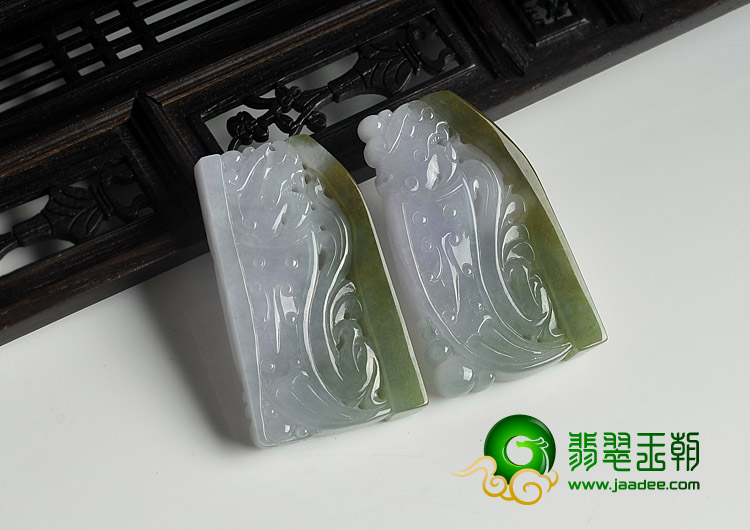 糯冰种紫罗兰褐黄翡缅甸翡翠A货龙凤牌挂件（一对）