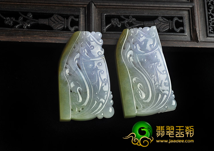 糯冰种紫罗兰褐黄翡缅甸翡翠A货龙凤牌挂件（一对）
