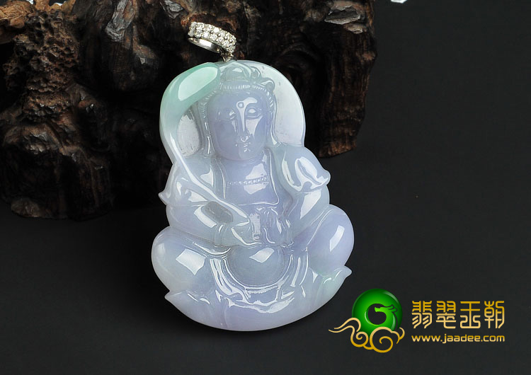 糯冰种春带彩缅甸翡翠A货观音挂件