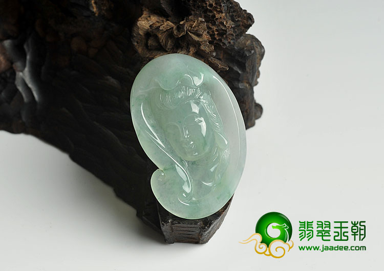 冰种飘花缅甸翡翠A货观音头挂件