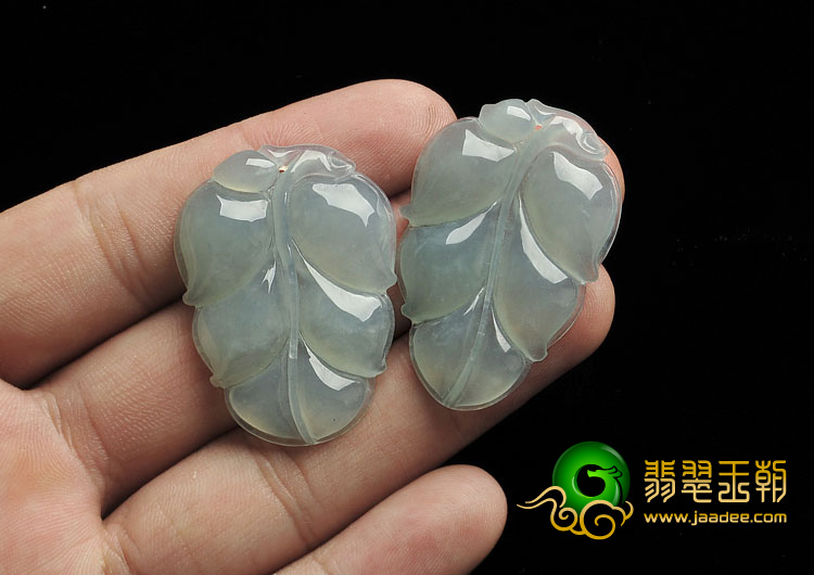 冰种晴水缅甸翡翠A货叶子挂件（一对）