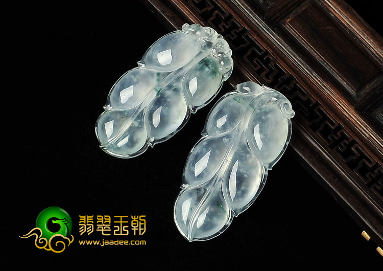 冰种略飘花缅甸翡翠A货叶子挂件（一对）