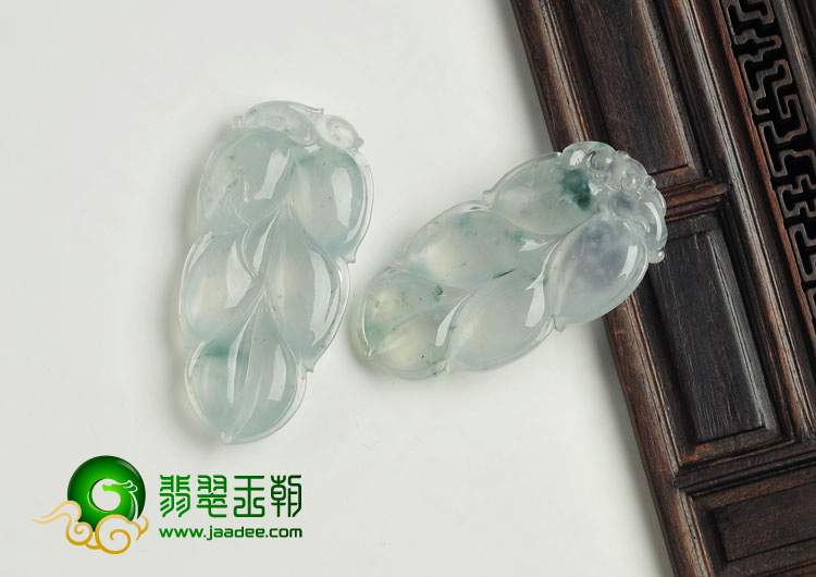 冰种略飘花缅甸翡翠A货叶子挂件（一对）