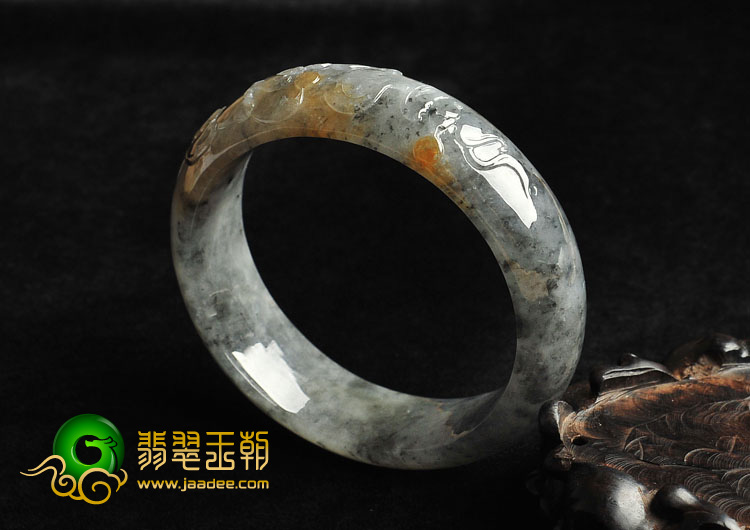 冰种（乌鸡种）水墨色飘红黄翡缅甸翡翠A货雕花手镯（56mm）