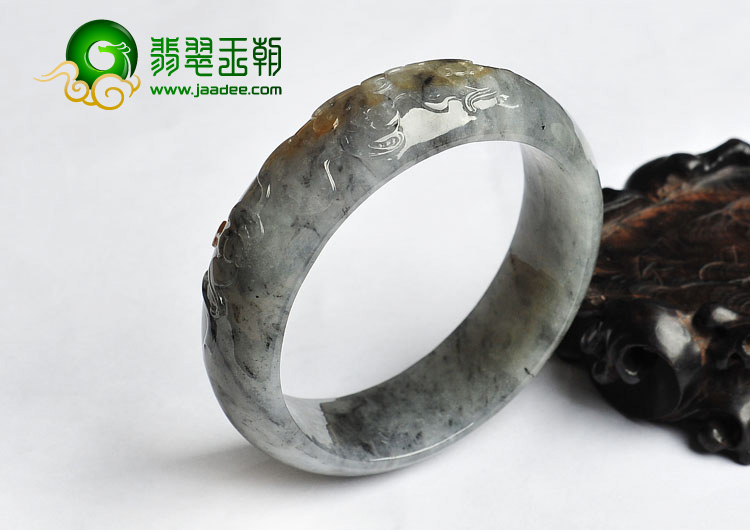 冰种（乌鸡种）水墨色飘红黄翡缅甸翡翠A货雕花手镯（56mm）