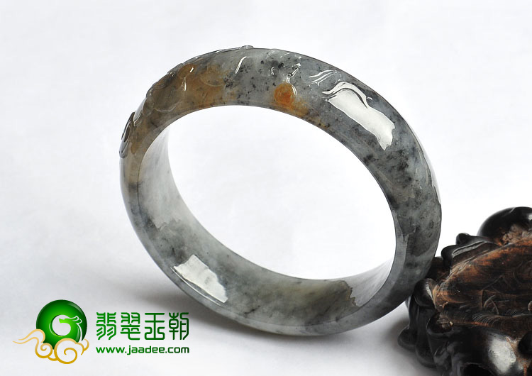 冰种（乌鸡种）水墨色飘红黄翡缅甸翡翠A货雕花手镯（56mm）