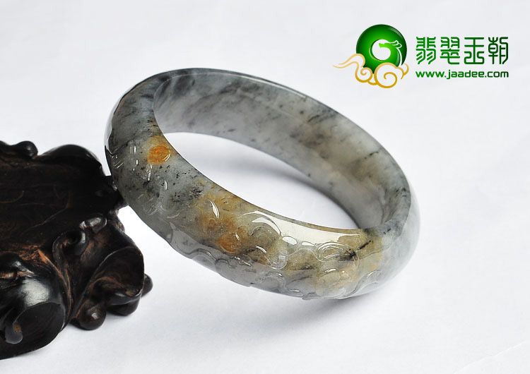 冰种（乌鸡种）水墨色飘红黄翡缅甸翡翠A货雕花手镯（56mm）