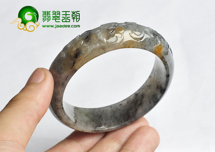 冰种（乌鸡种）水墨色飘红黄翡缅甸翡翠A货雕花手镯（56mm）