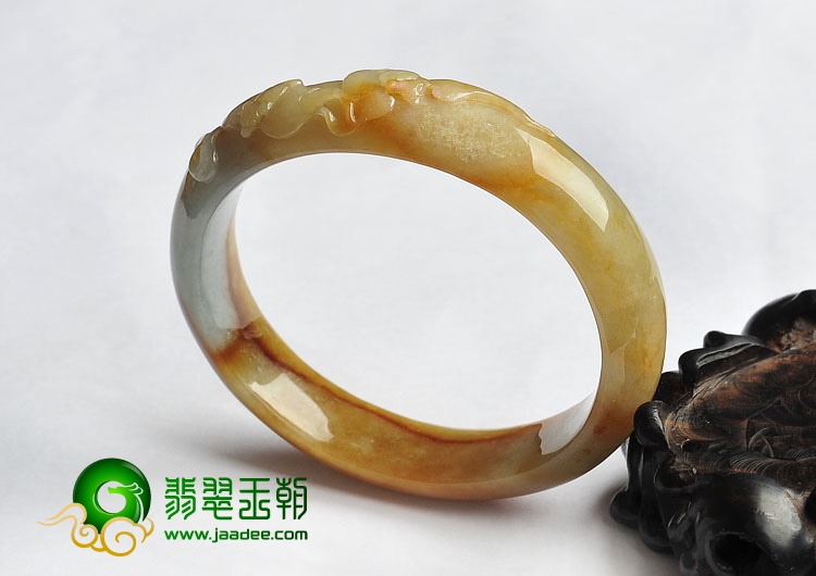 糯冰种褐红翡缅甸翡翠A货雕花贵妃镯（55mm-49.7mm）