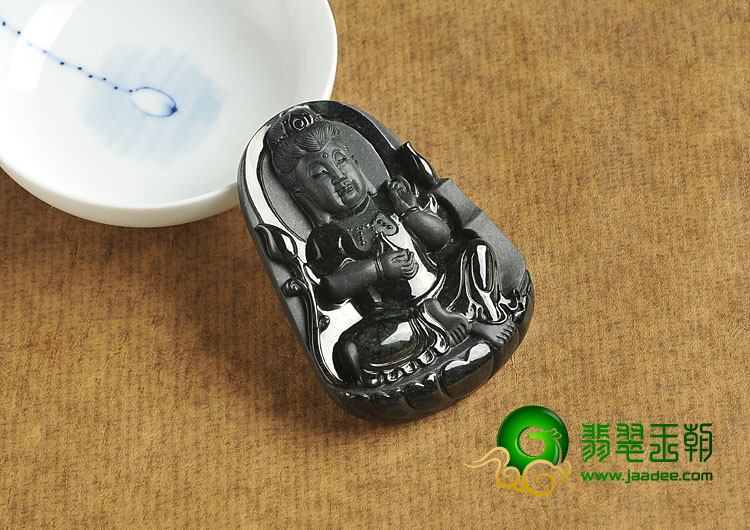 糯冰种墨翠缅甸翡翠A货观音挂件