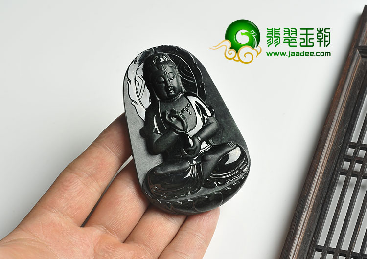 糯冰种墨翠缅甸翡翠A货观音挂件