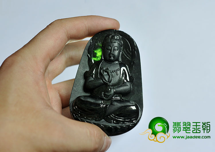 糯冰种墨翠缅甸翡翠A货观音挂件