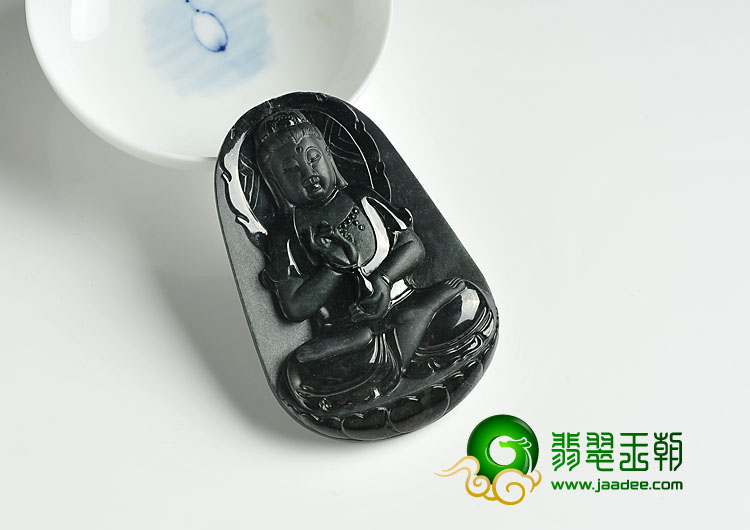 糯冰种墨翠缅甸翡翠A货观音挂件