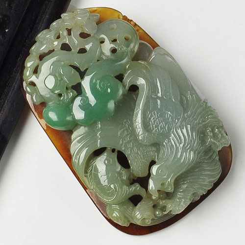 冰种晴水褐黄翡缅甸翡翠A货大展宏图挂件
