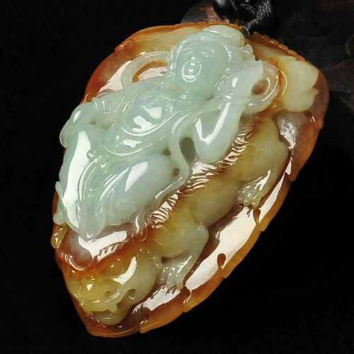 糯冰种褐黄翡缅甸翡翠A货文殊菩萨挂件
