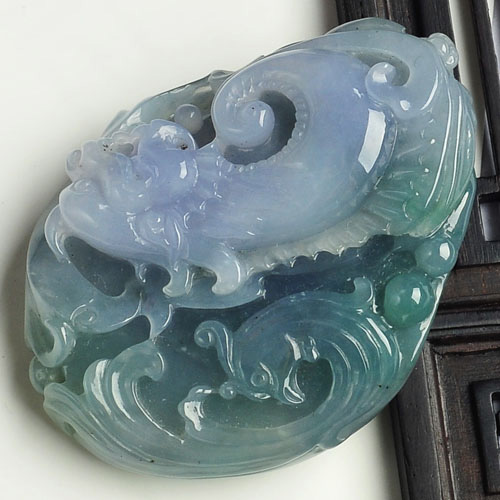 冰种春带彩缅甸翡翠A货龙凤呈祥挂件