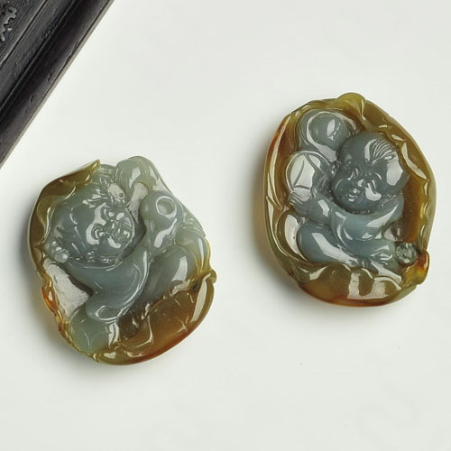 冰种褐黄翡缅甸翡翠A货金童玉女挂件（一对）