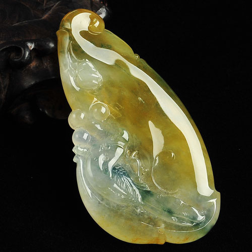 冰种黄翡飘花缅甸翡翠A货鸟语花香挂件