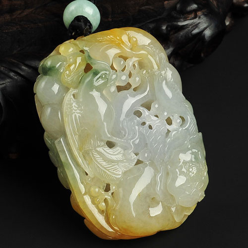 糯冰种黄翡飘花缅甸翡翠A货花开富贵挂件