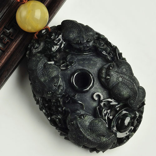 细糯种墨翠缅甸翡翠A货招财进宝挂件