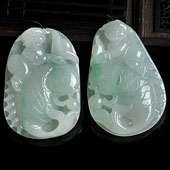 冰种飘花缅甸翡翠A货招财童子挂件（一对）