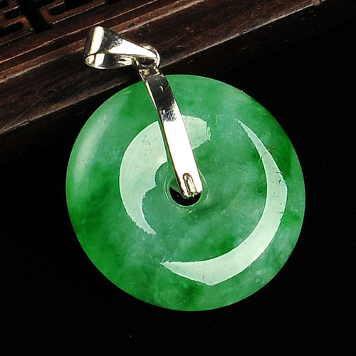 冰种翠色缅甸翡翠A货镶白金平安扣胸坠（真钻）