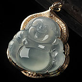 冰种淡晴水缅甸翡翠A货镶玫瑰金玉佛胸坠（真钻）