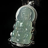 冰种晴水缅甸翡翠A货镶白金观音胸坠（真钻）