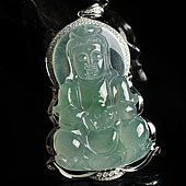 冰种晴水略飘翠缅甸翡翠A货镶白金观音胸坠（真钻）