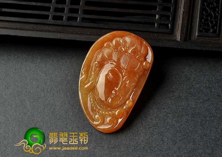 糯冰种红黄翡缅甸翡翠A货观音头挂件