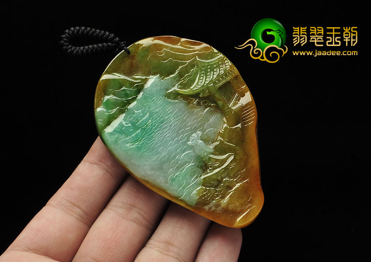 糯冰种黄加绿缅甸翡翠A货李白登峰挂件