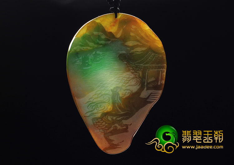 糯冰种黄加绿缅甸翡翠A货李白登峰挂件