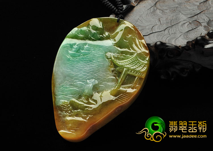 糯冰种黄加绿缅甸翡翠A货李白登峰挂件