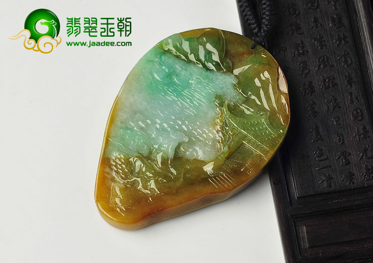 糯冰种黄加绿缅甸翡翠A货李白登峰挂件
