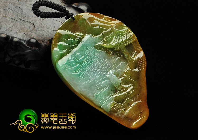 糯冰种黄加绿缅甸翡翠A货李白登峰挂件