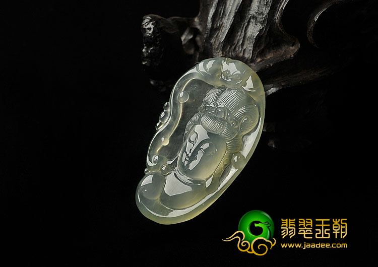 冰玻种淡黄翡缅甸翡翠A货观音头挂件