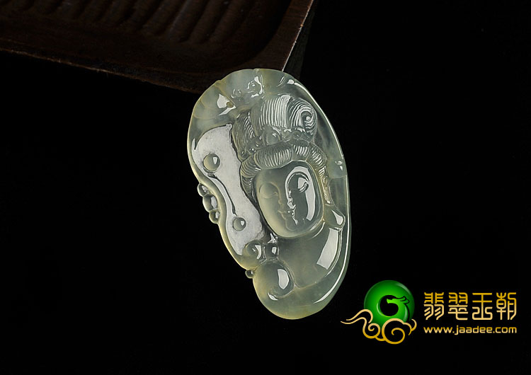 冰玻种淡黄翡缅甸翡翠A货观音头挂件