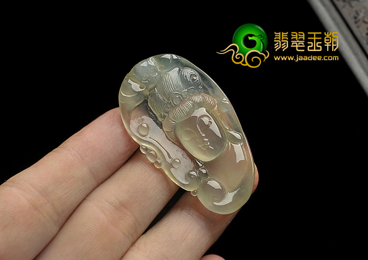 冰玻种淡黄翡缅甸翡翠A货观音头挂件
