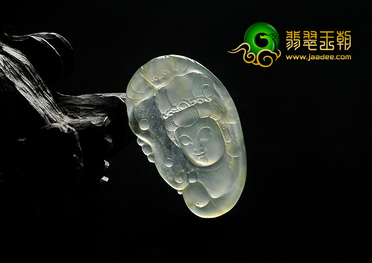 冰玻种淡黄翡缅甸翡翠A货观音头挂件