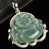 冰种晴水缅甸翡翠A货银镀金玉佛胸坠（水钻）
